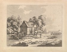 Landscape with Figures Storing Hay in a Barn, a Cart and Horse Lying Down at Left, 1783-84. Creator: Thomas Rowlandson.
