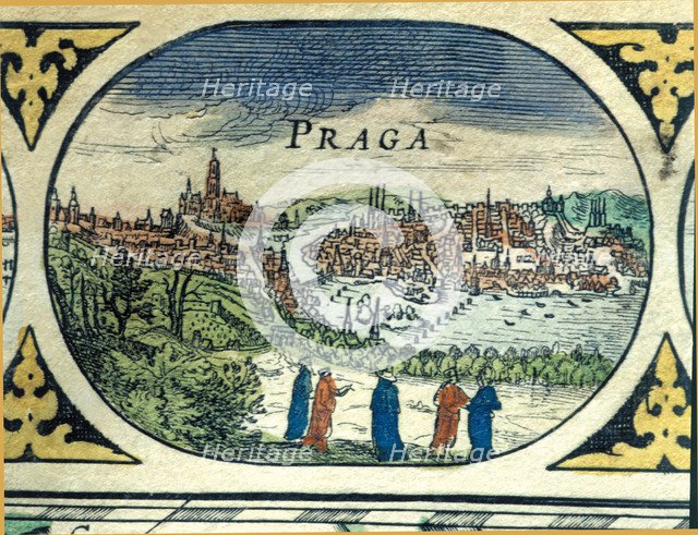 Prague, colored engraving from the book 'Le Theatre du monde' or 'Nouvel Atlas', 1645, created, p…