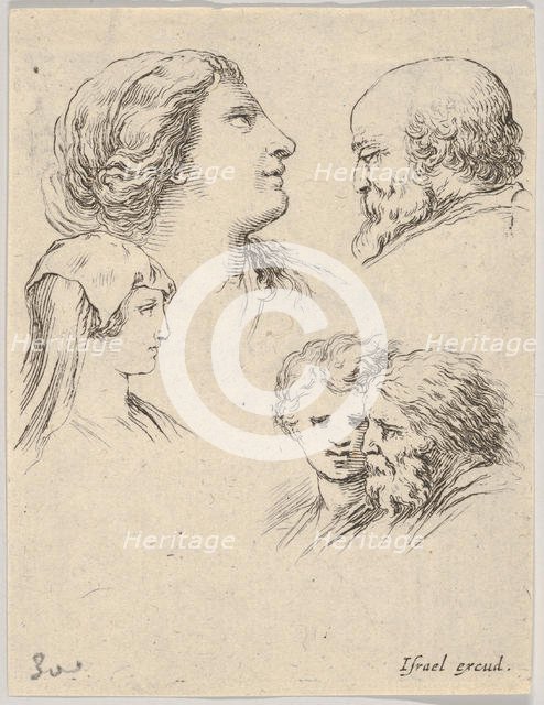 Plate 9: five heads, two young women at left, a bearded man at upper right, a young wo..., ca. 1649. Creator: Stefano della Bella.