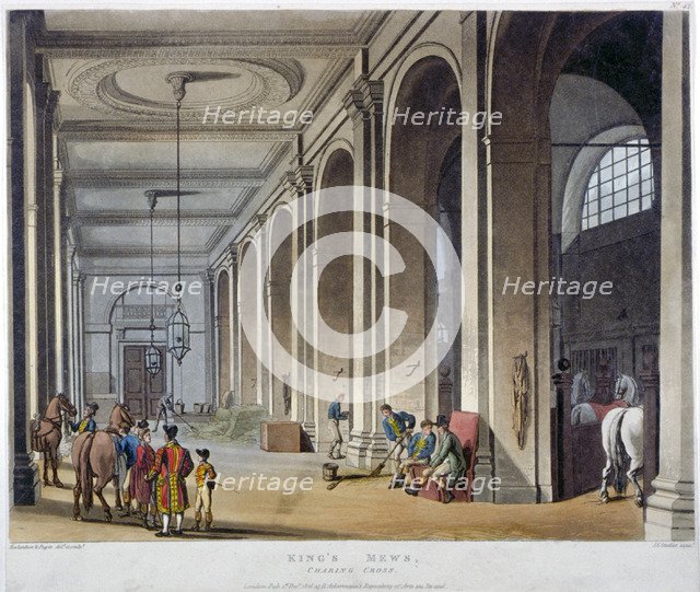 Interior view of the royal stables, King's Mews, Charing Cross, Westminster, London, 1808.           Artist: Augustus Charles Pugin