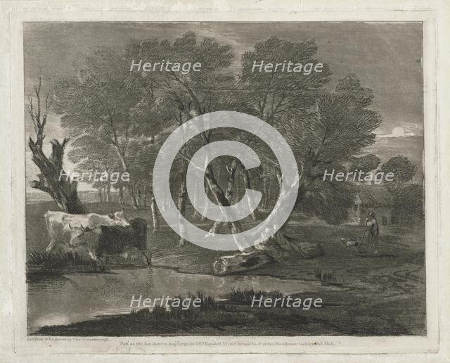 Wooded Landscape with Cows beside a Pool, Figures and Cottage , published in 1797. Creator: Thomas Gainsborough (British, 1727-1788).