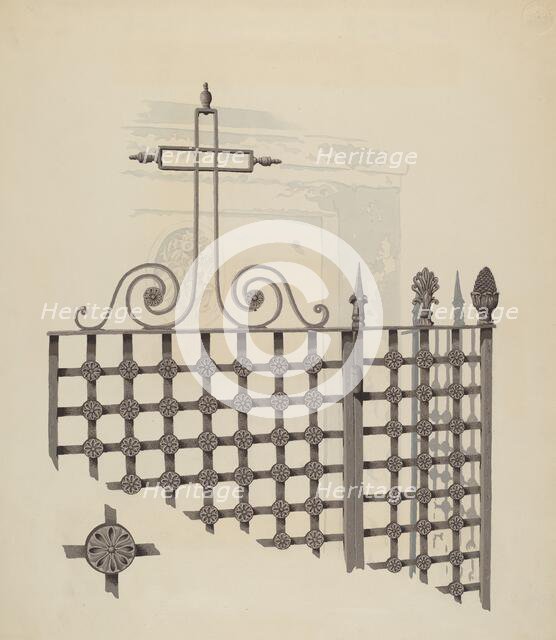 Iron Gate and Fence, c. 1936. Creator: Joseph L. Boyd.