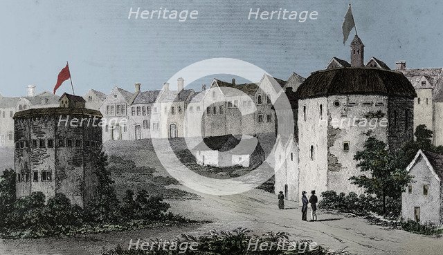 Globe Theatre, Bankside, Southwark (right) and the Bear Garden, c1597 (1825).  Artist: Unknown.