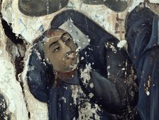 Shiite woman with veil crying by her martyred husband martyred, wall paintings, 17th century.