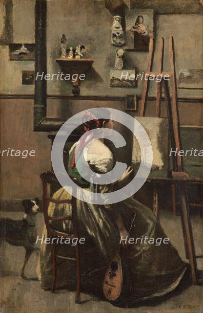 Corot's Studio: Woman Seated Before an Easel, a Mandolin in her Hand, c. 1868. Creator: Jean-Baptiste-Camille Corot.