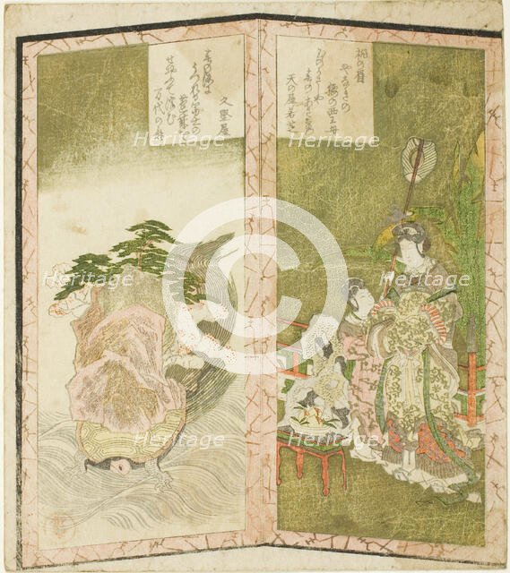 Seiobo (Queen Mother of the West) and tortoise, from an untitled hexaptych depicting a...c. 1825. Creator: Shinsai.