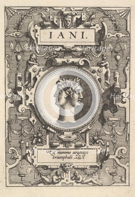 Bust of Janus surrounded by strapwork, from the series 'Deorum dearumque,' a set of images..., 1573. Creators: Johannes van Doetecum I, Lucas van Doetecum.