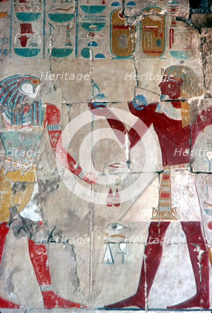 Detail of painted relief of Tuthmosis III before Horus, Temple of Hatshepsut, Luxor, 15th centuryBC. Artist: Unknown