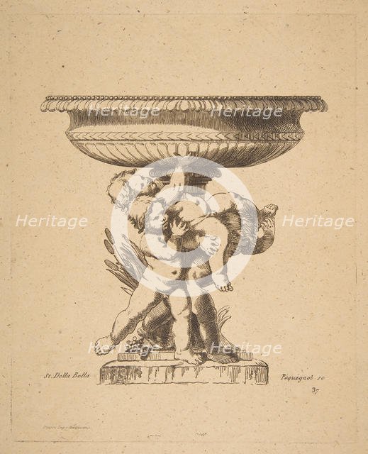 Ornamental design of three children holding up a fountain, 19th century. Creator: Auguste Pequegnot.