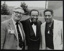 Dennis Matthews of Crescendo International with Lionel Hampton and Dizzy Gillespie, London, 1979. Artist: Denis Williams