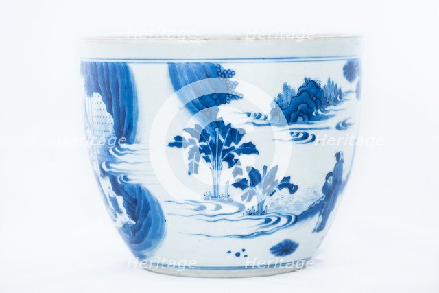 Deep blue and white fish bowl of sages in bamboo grove, 1630-1650. Artist: Unknown.