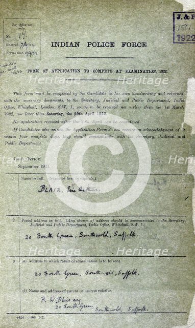 George Orwell's application papers to join the Burma Police, 1922. Creator: Unknown.