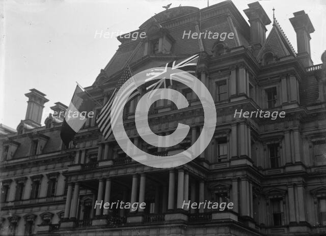 Allied Commission To U.S - Allied Flags On State Department, 1917. Creator: Harris & Ewing.
