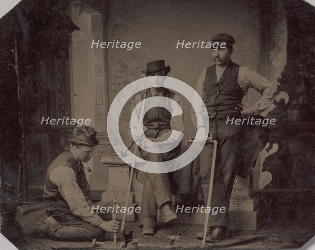 Three Plumbers with Pipes and Tools, 1870s-80s. Creator: Unknown.