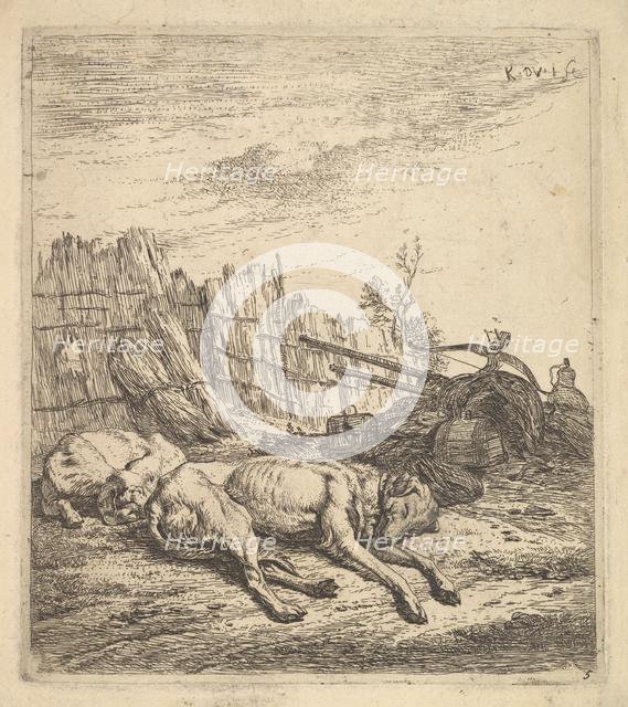 Two dogs sleeping on the ground; a plough, farm equipment, bunches of straw, and a ..., ca. 1641-78. Creator: Karel Du Jardin.