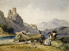 'Figures and a boat on the shore of a lake, a house and ruined castle in the background', c1830s. Artist: Alfred Gomersal Vickers