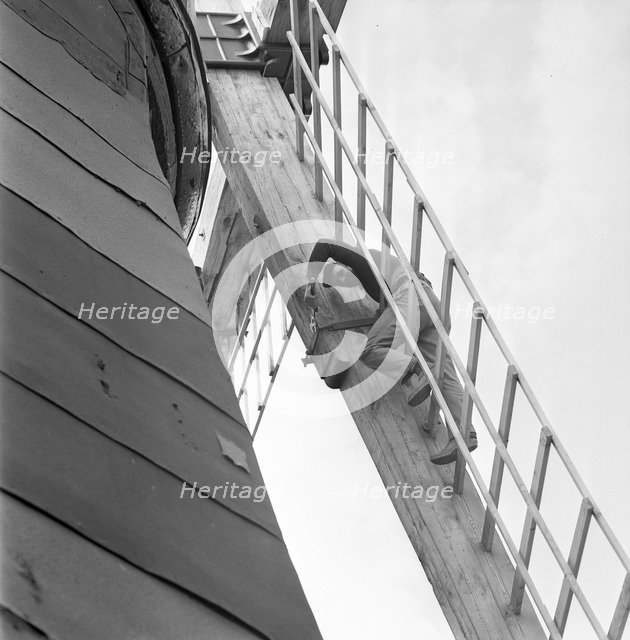Repairing the sails of a windmill, Säbyholm, Sweden, 1964. Artist: Unknown