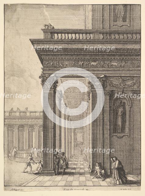 Temple courtyard with figures, after David Teniers the Elder (?), 1625-77. Creator: Wenceslaus Hollar.