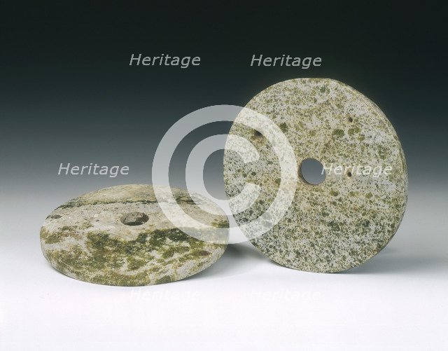 Pair of green stone discs, Neolithic, China, 3400-2250 BC. Artist: Unknown