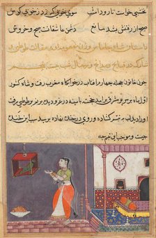 Page from Tales of a Parrot (Tuti-nama): Twenty-fifth night: The parrot addresses Khujasta..., c1560 Creator: Unknown.