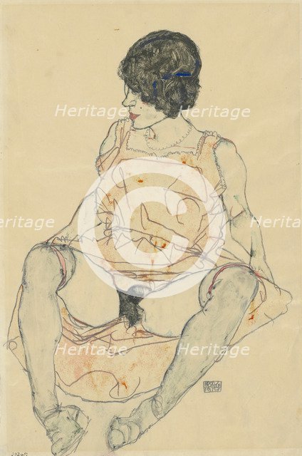 Seated woman with pushed up dress, 1914.