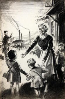 'If you can't go to the factory help the neighbour..., WWII Childminding poster, between 1939 & 1946 Creator: Central Office of Information.
