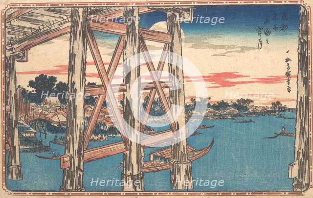 Twilight Moon at Ryogoku Bridge. Creator: Ando Hiroshige.