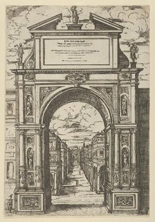 Triumphal arch surmounted by a statue representing the city of Bologna, buildings seen thr..., 1598. Creator: Guido Reni.