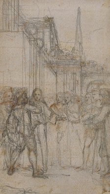 Literary Illustration: Man with Sword Confronting Group of Figures Before Building, n.d. Creator: Hubert Francois Gravelot.