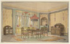 Dining room with yellow walls and red lamp, c.1925. Creator: Monogrammist HK.