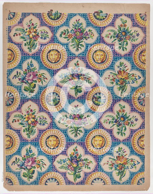 Sheet with pattern of bouquets and lion heads, late 18th-mid-19th ce..., late 18th-mid-19th century. Creator: Anon.