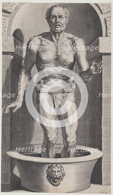 Seneca at the bath, standing in a niche with his feet in a basin, ca. 1615., ca. 1615. Creator: Cornelis Galle I.