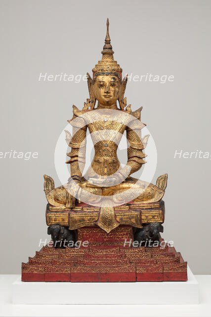 Crowned and Bejewelled Buddha Seated on an Elephant Throne, Late 19th century. Creator: Unknown.