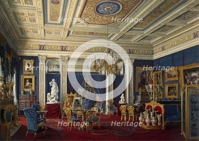 Blue Drawing-Room in the Mariinsky Palace in Saint Petersburg, Mid of the 19th cen.. Artist: Hau, Eduard (1807-1887)