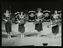 All-female quartet The Fairer Sax on stage at the Forum Theatre, Hatfield, Hertfordshire, 1987. Artist: Denis Williams