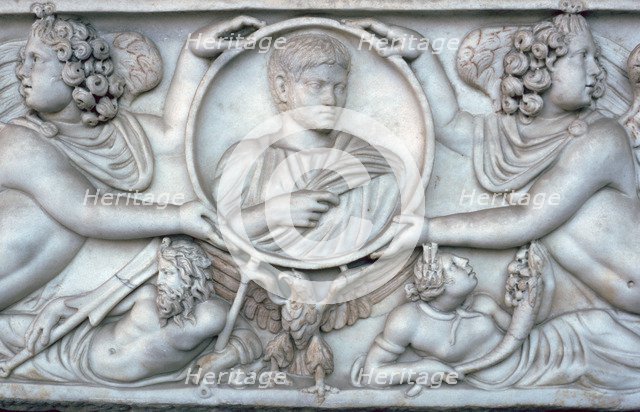 Detail of a Roman sarcophagus of a young man. Artist: Unknown