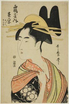 The Courtesan Arihara of the Tsuruya, and Child Attendants Aoe and Sekiya (Tsuruya uchi..., c. 1797. Creator: Kitagawa Utamaro.