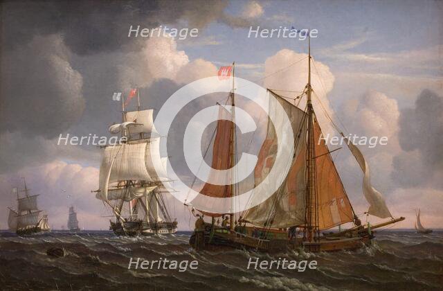 Ships Sailing and Beating up against the Wind in the Sound, 1832. Creator: Adolph Friedrich Vollmer.