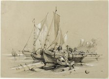 Harbor with Cutters, 1841. Creators: Eugene Blery, Eduard Julius Friedrich Bendemann.