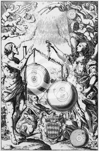 Urania, the Muse of Astronomy, weighing and comparing systems of the universe, 1651 Artist: Unknown