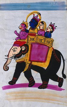 Hanuman leading an elephant carrying Rama, Sita and Laksmana. Creator: Unknown.