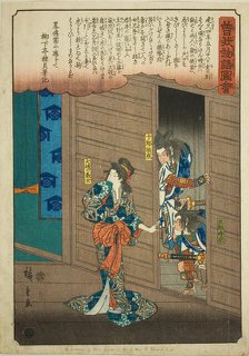 Oiso no Tora telling Soga Brothers where to find Suketsune, from the series "Illustr..., c. 1843/47. Creator: Ando Hiroshige.