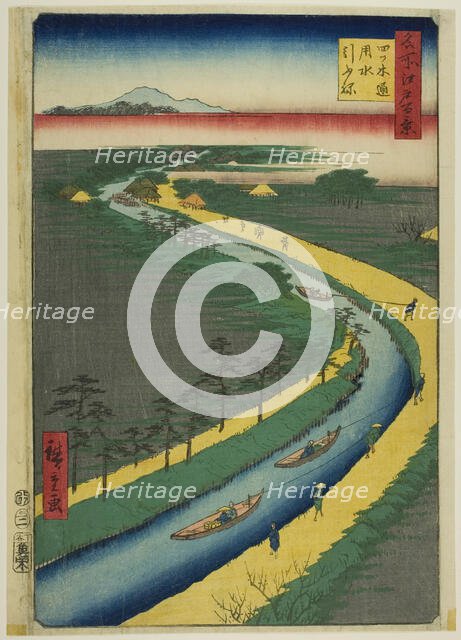 Towboats along the Yotsugidori Canal (Yotsugidori yosui hikifune), from the series "One..., 1857. Creator: Ando Hiroshige.