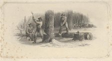 Banknote vignette showing woodsmen felling trees in a snowy forest, ca. 1824-37. Creator: Attributed to Asher Brown Durand.