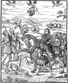 Queen Elizabeth I and her attendants out hawking, 1575. Artist: Unknown