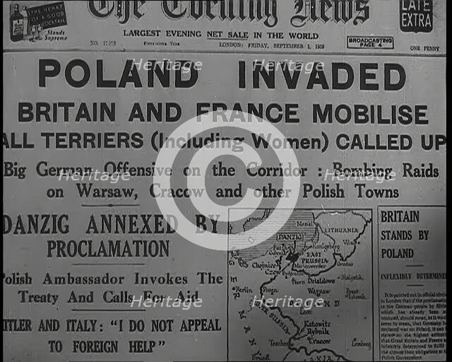 The Front Page of the Evening News on Friday September the First Reading 'POLAND..., 1939. Creator: British Pathe Ltd.