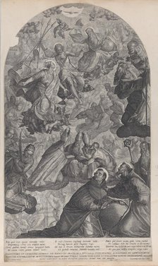 The vision of Saint Dominic, with God the Father and Christ at top center, the Virgin stan..., 1607. Creator: Raphael Sadeler II.