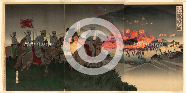 Advancing across the Ansong River at the Battle of Asan (Gazan gekisen Anjo no..., Japan, 1894. Creator: Kobayashi Kiyochika.