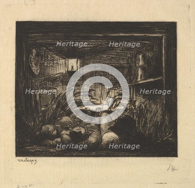 Sleeping on Board the Boat, 1861. Creator: Charles Francois Daubigny.