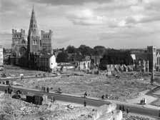 Bomb damage around Exeter Cathedral, Devon, c1942. Artist: Margaret Tomlinson.